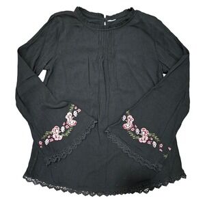 Womens Black Embroidered Bell Sleeve Top Ruffled Neckline Lace Trim Casual Boho